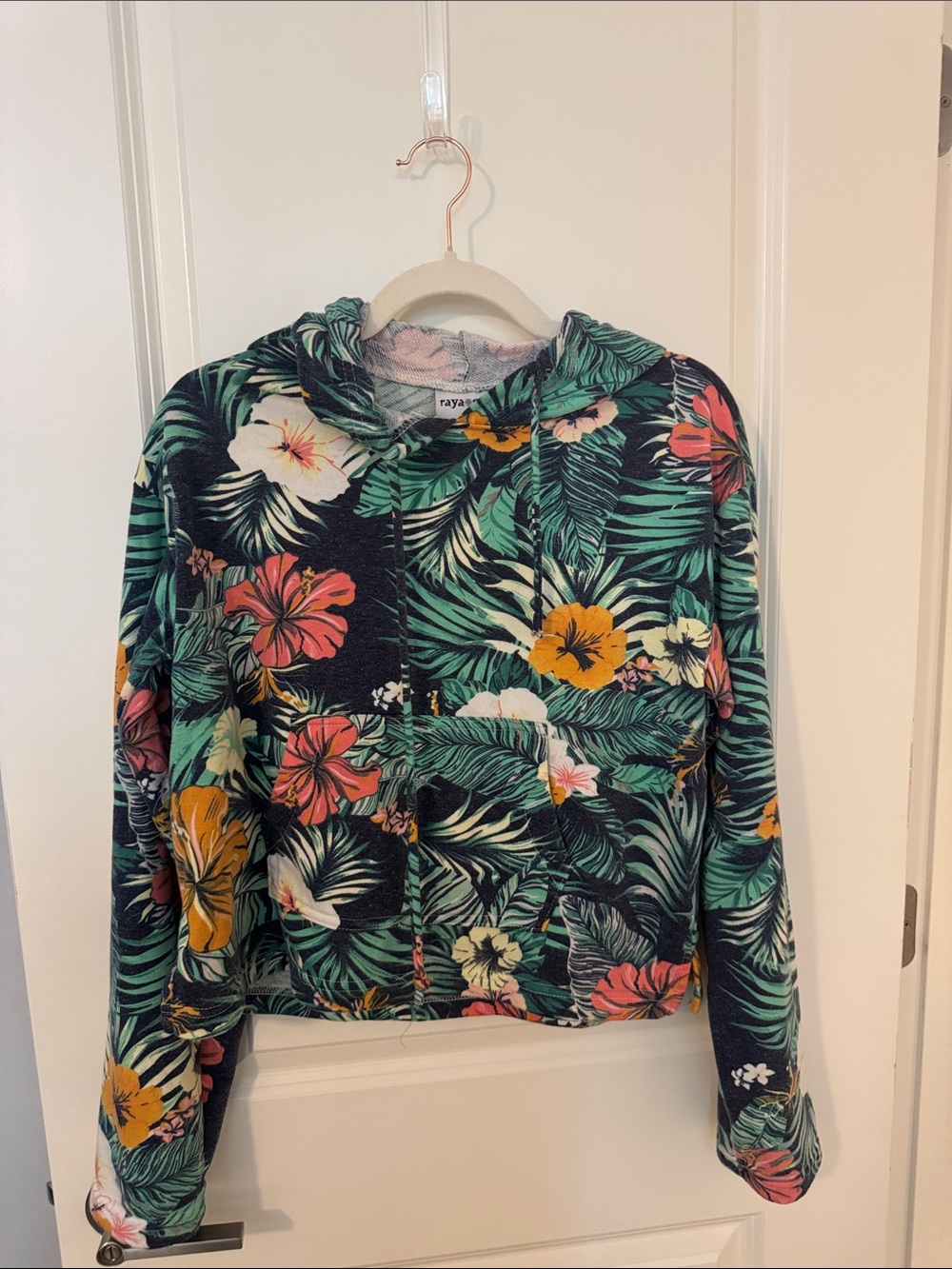 Tropical Floral Hoodie - Black Background with Green, Yellow & Pink Flowers